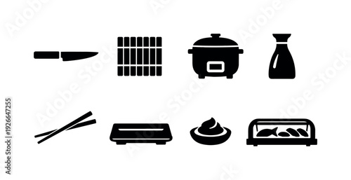 Sushi bar equipment: sushi knife, bamboo mat, rice cooker, soy sauce bottle, chopsticks, serving plate, wasabi dish, display counter