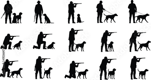 Collection of hunter silhouettes with dogs, men shooting rifles, kneeling hunters with hounds, outdoor bird hunting sports, vector hunting elements, (20 words)