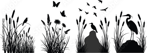 Marsh wildlife silhouette collection with heron, cattails, flying birds and butterflies, wetland nature scene vector for outdoor landscape design elements, (20 words)