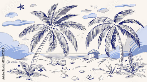 A serene tropical beach scene with palm trees and blue hues