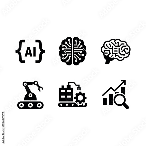Collection of six black and white icons depicting AI, brains, robotics, industry, and data analysis on a white background with a focus on technology and innovation.