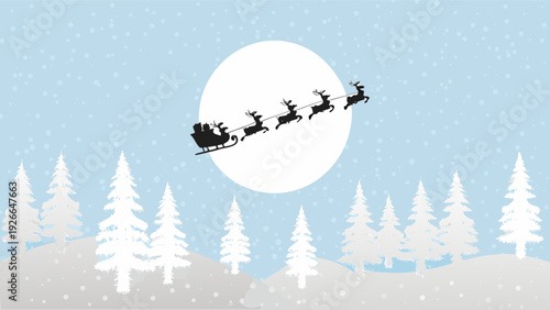 Santa claus and reindeer fly across a bright full winter moon
