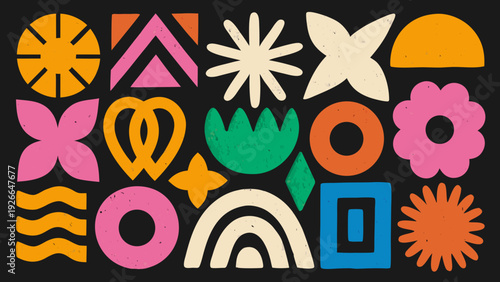 Abstract geometric shapes and floral motifs in a colorful arrangement