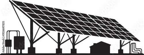 Solar panel array with pipes and building silhouette