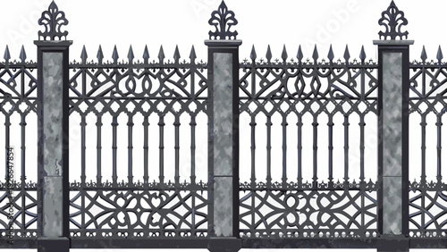 An ornate wrought iron gate with decorative stone pillars is pictured