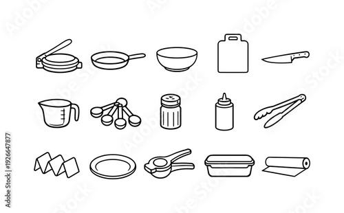 Home taco making tools: tortilla press, frying pan, mixing bowl, cutting board, chef knife, measuring cup, measuring spoon, spice jar, squeeze bottle