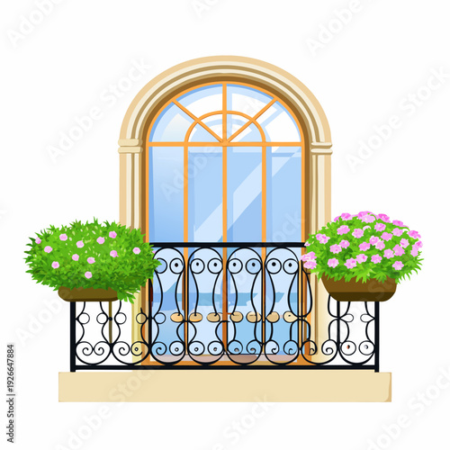 An ornate arched window with flower boxes on a balcony