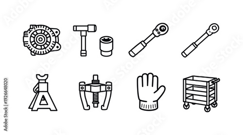 Car alternator kit: alternator, socket wrench, ratchet, torque wrench, jack stand, pulley tool, protective glove, tool cart