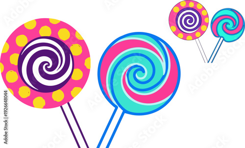 Lollipop candy vector illustration. Includes two large swirled lollipops and two smaller swirled lollipops. Created in flat cartoon style with pink, blue, purple, and yellow colors.