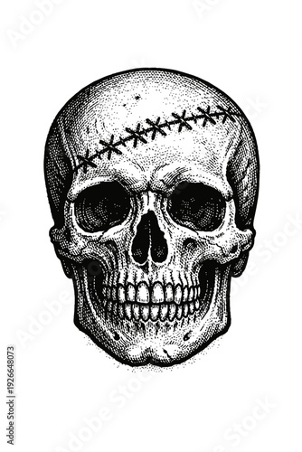 Detailed vintage woodcut style illustration of a human skull, featuring bold cross-hatching and stippling, with distinctive suture stitches across the forehead, conveying a macabre, Frankenstein-esque