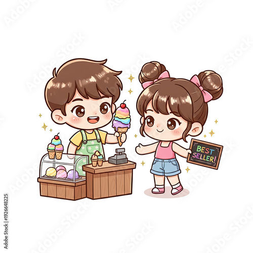 Cute cartoon ice cream vendor serving a customer holding a bestseller sign