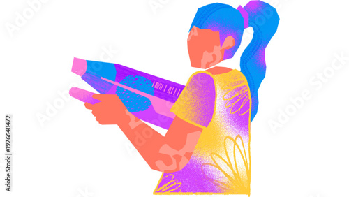 Young woman playing with water gun, enjoying playful moment, 40.svg reference, active recreation, vibrant scene
