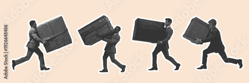 Halftone business people carrying large boxes symbolizing workload and corporate responsibility