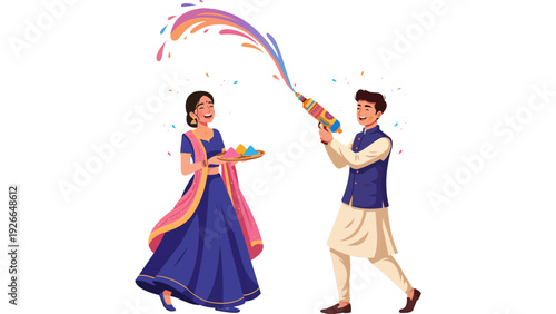 Couple celebrating Holi festival with colorful powder, vibrant scene, illustration, joyful atmosphere, dynamic viewpoint