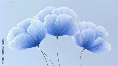 Elegant minimalist art features three large abstract floral forms rendered with faint contour lines and soft shadow gradients on a serene unified blue backdrop