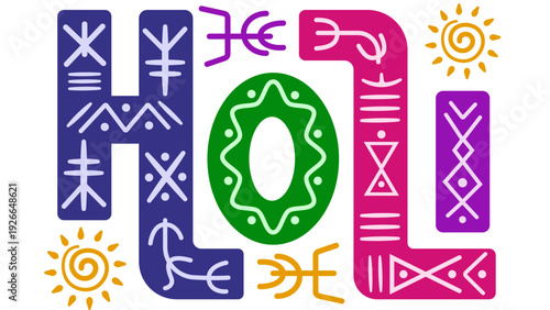 Vibrant tribal pattern artwork with symbolic illustrations and cultural designs in a modern typographic style.