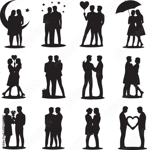 set of black silhouettes of couples in love on white background