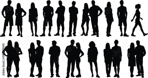 People silhouettes collection in casual standing poses, men and women isolated on white background social group concept.