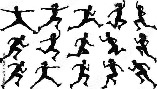 Running athlete silhouettes collection with men and women sprinting in dynamic poses isolated on white background fitness concept.