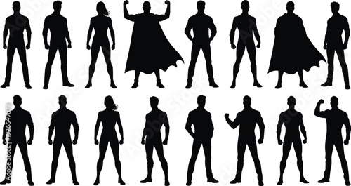 Superhero silhouettes collection in powerful standing poses with cape, comic style hero figures isolated on white background.