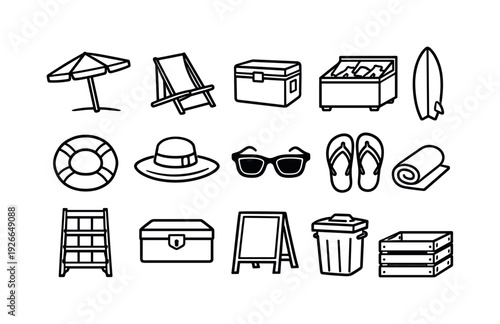 Outdoor beach kiosk items: beach umbrella, folding chair, cooler box, ice cream freezer, surfboard, life ring, straw hat, sunglasses, flip flop, towel