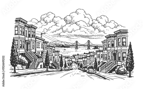 Steep San Francisco Style Residential Street with Victorian Houses and a Distant Bridge, Vintage Engraving Vector Illustration of Coastal City Life.