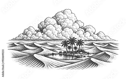 Vintage Woodcut Vector Illustration of a Hidden Desert Oasis with Palm Trees Surrounded by Rolling Sand Dunes and Majestic Cumulus Clouds.