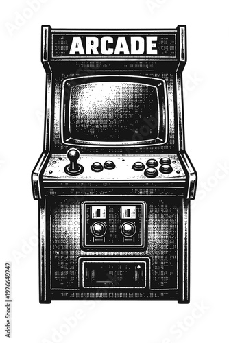 Vintage B&W arcade machine illustration. Retro video game cabinet, joystick, buttons, screen, coin slots. Ideal for 80s/90s gaming nostalgia, old-school entertainment, pixel art, pop culture. Halftone