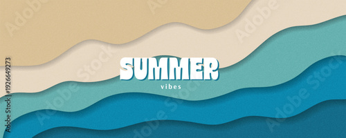 Summer vibes horizontal paper cut background. Modern art minimalist style design template for sales, horizontal poster, header, cover, social media, fashion ads