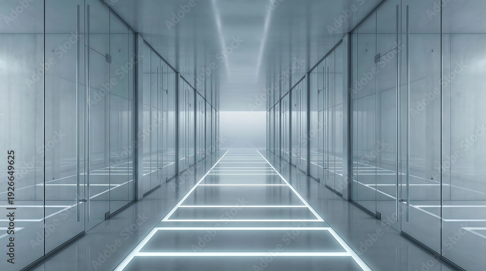 Obraz premium Futuristic data center corridor with glass walls and neon floor lighting in cool blue.