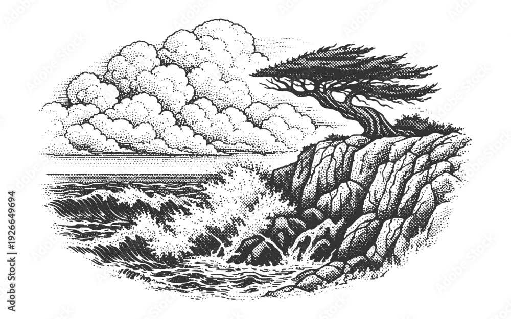 Naklejka premium Vintage Woodcut Vector Illustration of a Rugged Ocean Cliff with a Lone Cypress Tree Facing Crashing Waves and Dramatic Clouds in Engraving Style.