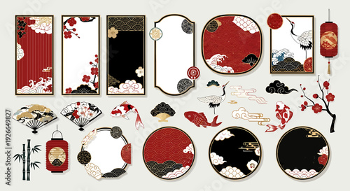 Collection of ornate oriental frames and decorative elements in traditional Japanese and Chinese style, featuring floral motifs and auspicious symbols