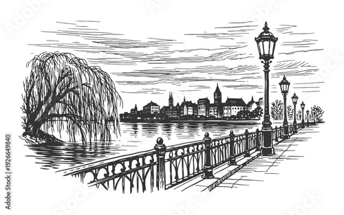 Serene Waterfront Promenade with Classic Street Lamps and a Willow Tree Overlooking an Old Town Skyline, Vintage Engraving Vector Illustration.