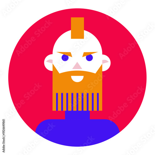 Modern flat vector illustration of a stylized man with an orange mohawk and a geometric striped beard inside a red circle. Perfect for user avatars, profile pictures, hipster, barbershop logo