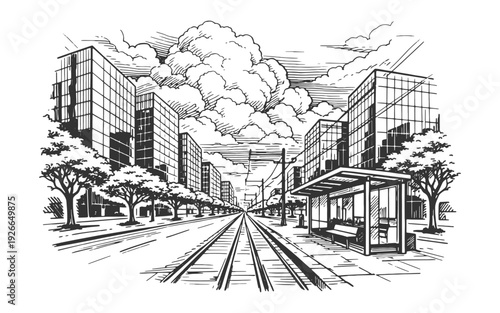 Modern Cityscape with Tram Tracks and Glass Skyscrapers in a Detailed Line Art Vector Illustration, Contemporary Urban Environment Woodcut Style.