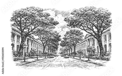Classic European Boulevard Lined with Symmetrical Trees and Elegant Neoclassical Architecture, Vintage Woodcut Vector Illustration for Urban Design.