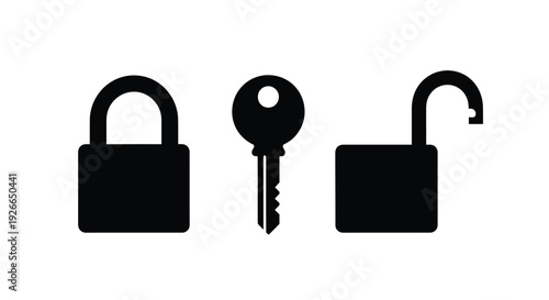 Black icons depict a lock key and open padlock silhouette