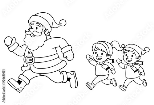 Santa Claus Running with Two Children - Christmas Vector Illustration