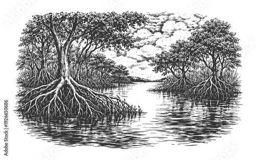 Vintage Woodcut Vector Illustration of Mangrove Trees with Exposed Roots in a Calm Tropical Swamp Environment, Detailed Black and White Nature Landscape.