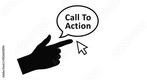 Hand pointing to a speech bubble with text call to action silhouette