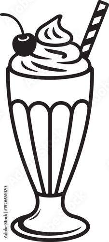 Milkshake outline drawing with whipped cream cherry and straw in tall glass