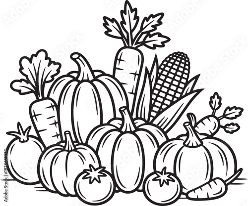 Abundance of outline harvest vegetables black and white with pumpkin carrots tomatoes corn