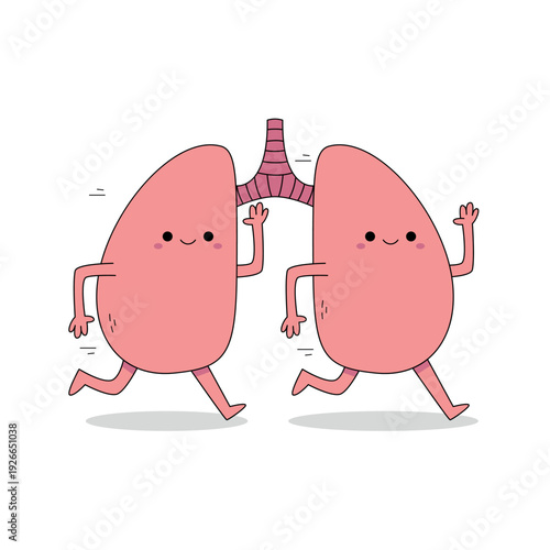 Cute lung organ cartoon character running doodle
