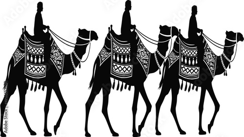 Camel caravan silhouette illustration, desert travel art, nomadic lifestyle design