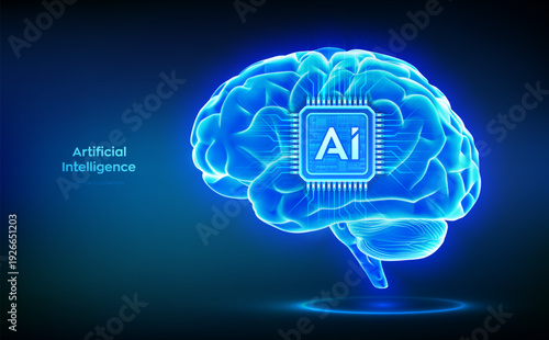 Artificial intelligence technology concept. Digital brain. AI chip integrated into the human brain. Machine Learning. Digital mind. Neural networks. Future tech and innovation. Vector illustration.