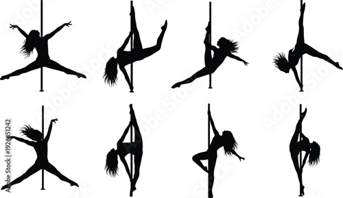 Pole dance silhouette collection, acrobatic poses, fitness art, vertical pole, strength
