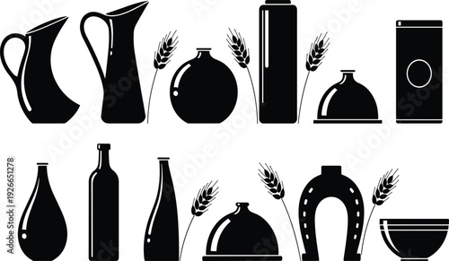 Rustic kitchen silhouette collection, pitchers, jars, bottles, cloche, wheat stalks, horseshoe