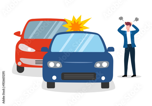 Car accident. Damaged autos angry scared men. Businessmen vector character and crashed cars