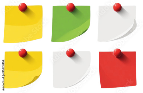 A set of colorful sticky notes with red push pins on a white background