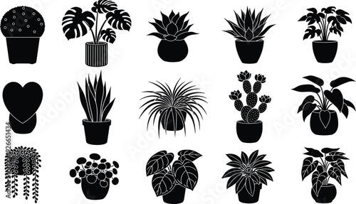 Houseplant silhouette collection with fifteen potted plants, botanical illustration design,